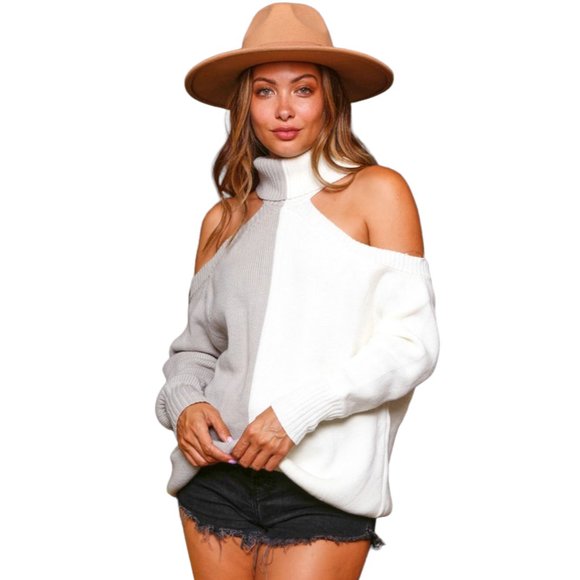Fantastic Fawn Color Block Cold Shoulder Turtleneck Sweater - Picture 1 of 4